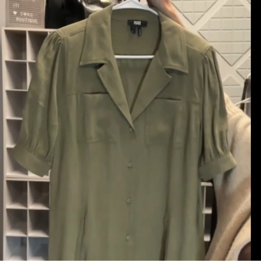 PAIGE Olive Green Ruffle Hem Earthy collared Dress Utility Minimalist Large - Picture 10 of 10